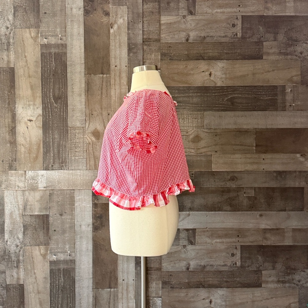 Handmade red gingham plaid ruffle trim top large festival boho garden party - Picture 6 of 10